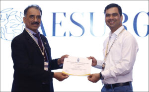 Dr. Sandeep Sharma - President IAAPS (2021-22), Organising Chairman AESURG’22 GOA presenting the Certificate of Appreciation to Trizone