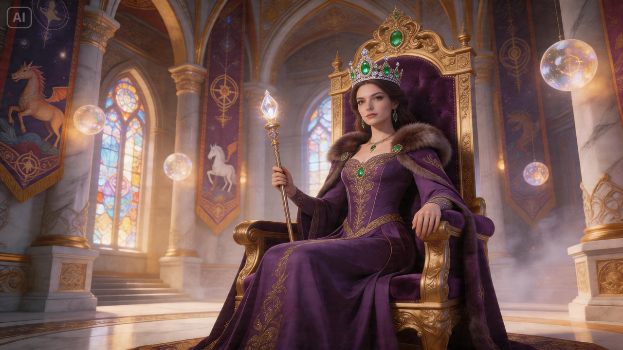 Regal queen in a purple gown with green jewelry sits on a gilded throne holding a staff in a grand throne room with banners and stained glass.