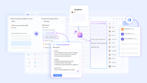2 | The Global Hues UI concept of an AI-assisted workflow with panels for conditions, actions, and AI-generated text linked by glowing lines over a light blue background.