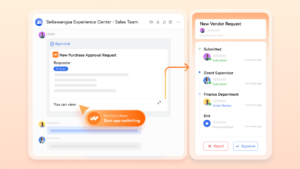 3 | The Global Hues Illustration of a dual-panel dashboard: left panel shows a 'New Purchase Approval Request' with an orange banner 'No more chaos—Zero app switching', arrow to right panel 'New Vendor Request' with status steps and Approved/Rejected buttons.