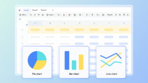 4 | The Global Hues Spreadsheet workspace with three floating cards: Pie chart, Bar chart, and Line chart.