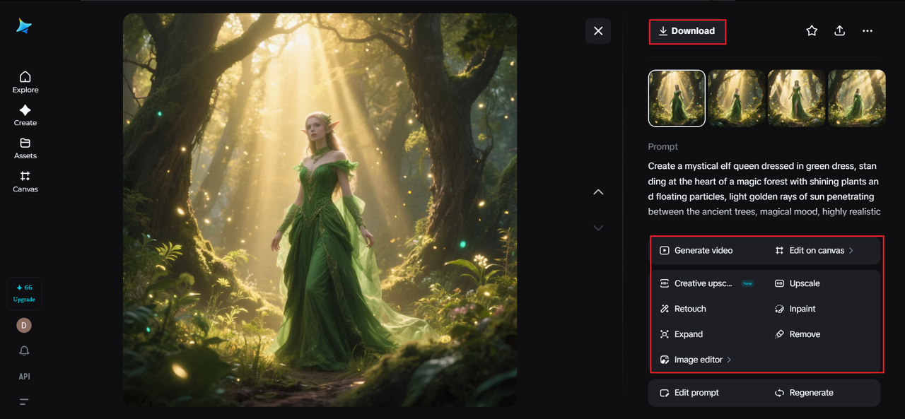 Elf queen in a glowing green gown stands in a sunlit mystical forest.
