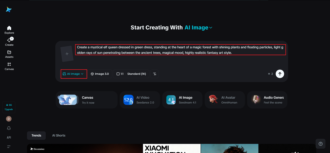 Dark-mode AI image editor UI showing a long prompt inside a red outline box above the canvas area, with left navigation icons visible to the side.