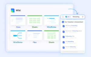 6 | The Global Hues A dashboard-style window showing a Wiki app with six document cards labeled Docs, Sheets, MindNotes, MindNotes, Files, Sheets; a side panel titled Onboarding with search and list items.