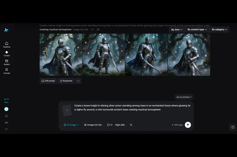 Dark design-tool UI with a row of four thumbnails depicting a knight in shimmering silver armor in a forest, left sidebar menu visible, and a prompt box below.