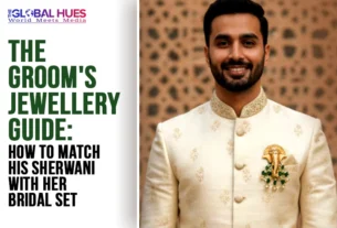 Split image: left side shows article headline about matching the groom's sherwani with the bride's jewelry (Global Hues logo above); right side features a smiling man in a cream sherwani with a gold boutonniere against a patterned backdrop.