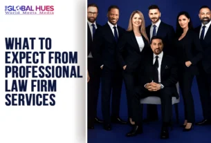 Group of diverse lawyers in navy suits posing together; left panel shows headline 'What to expect from professional law firm services' with The Global Hues logo above.