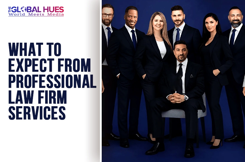 Group of diverse lawyers in navy suits posing together; left panel shows headline 'What to expect from professional law firm services' with The Global Hues logo above.