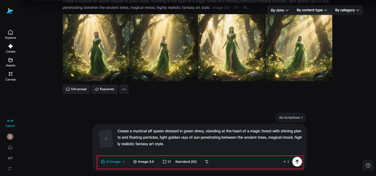 Mystical elf queen in a flowing green dress stands in a sunlit, enchanted forest.
