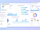 Overview of a modern project management dashboard with charts, task stats, and team panels on a light blue background.