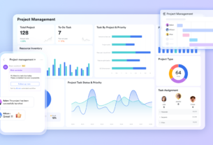 Overview of a modern project management dashboard with charts, task stats, and team panels on a light blue background.