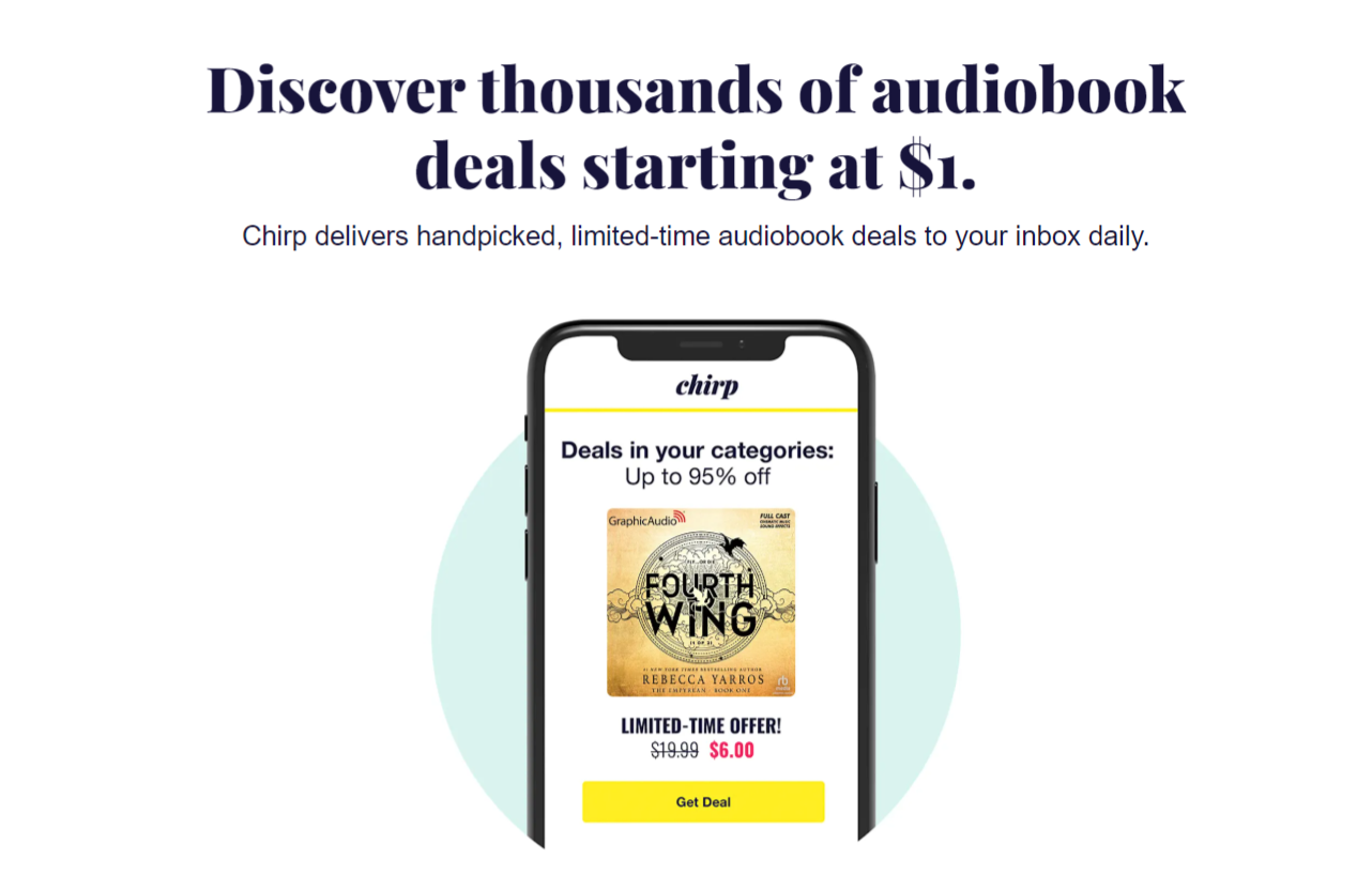 Smartphone screen showing Chirp deal page: 'Deals in your categories: Up to 95% off' with a book cover and yellow Get Deal button.