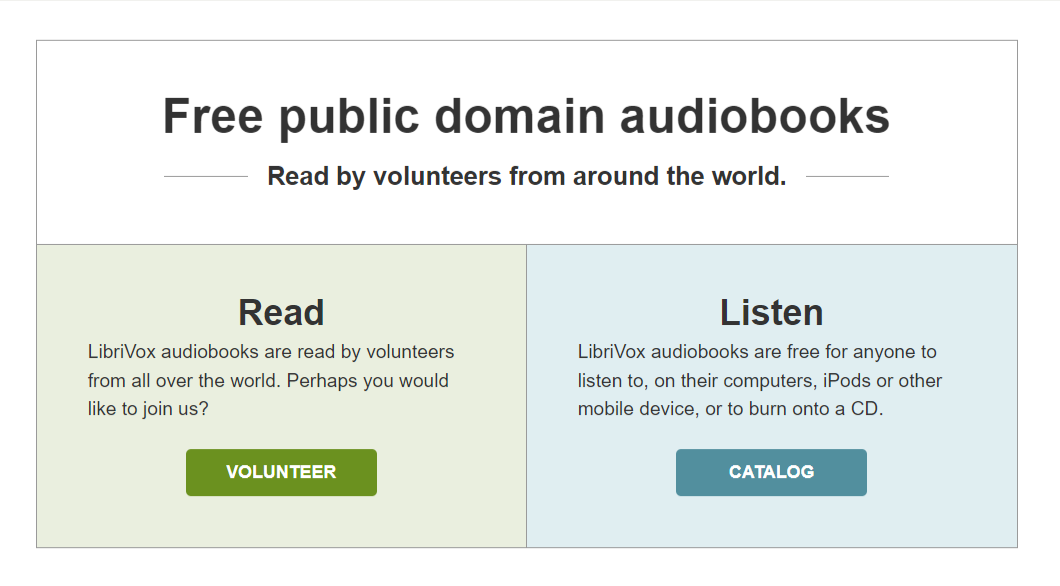 Hero promoting free public domain audiobooks with Read and Listen options and two CTA buttons: Volunteer and Catalog.