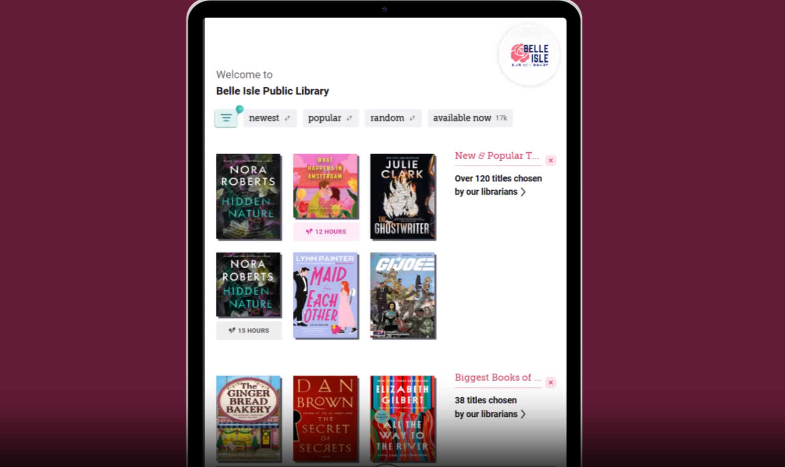 Tablet screen showing Belle Isle Public Library homepage with book cover grid and filter tabs (newest, popular, random, available now).