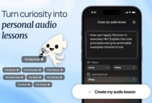Mascot squid on a blue gradient banner advertising personal audio lessons with a smartphone UI showing 'Create my audio lesson'.