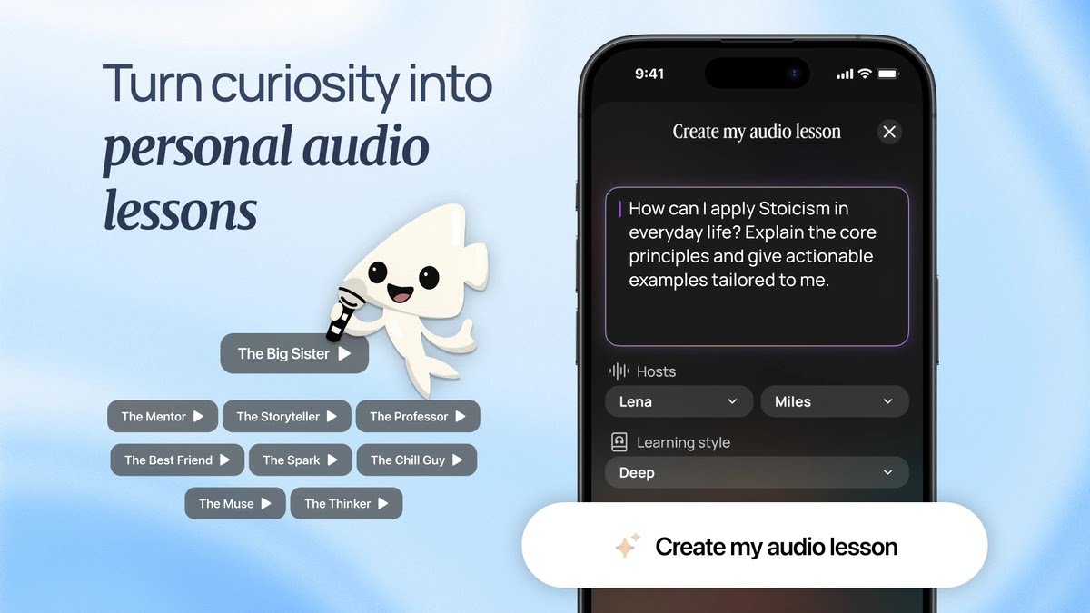 Mascot squid on a blue gradient banner advertising personal audio lessons with a smartphone UI showing 'Create my audio lesson'.