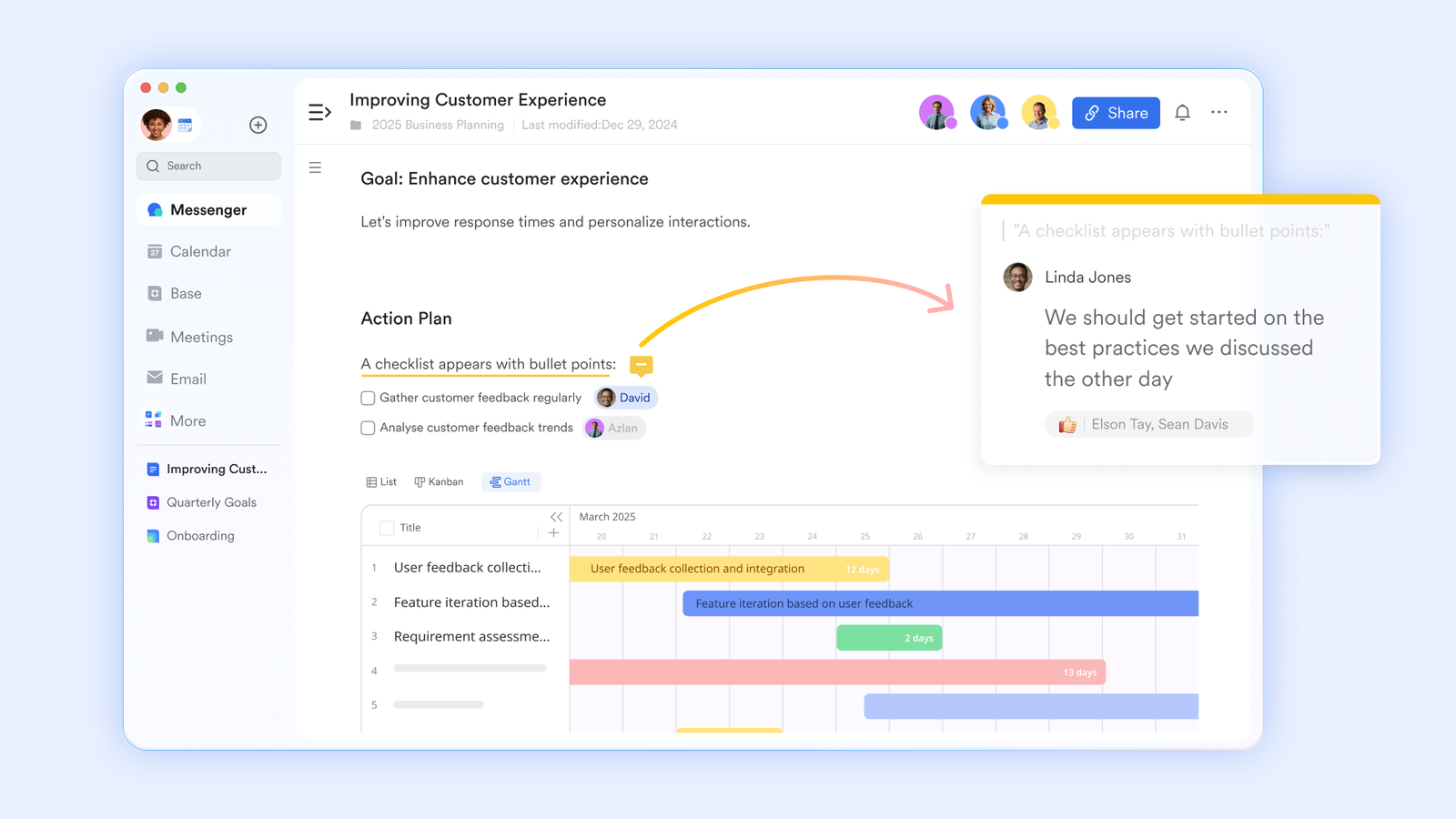 Dashboard screenshot of a project planning app showing a goal 'Improve customer experience', an Action Plan with bullet items, and a Gantt timeline with colored bars below the content area.