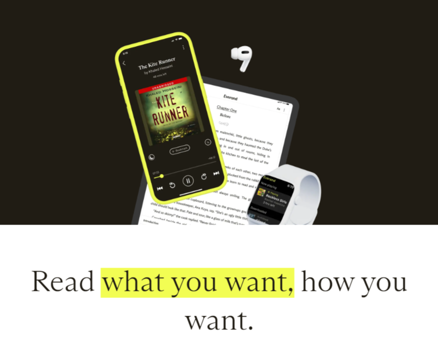 Promotional banner with a phone, tablet, and smartwatch and the slogan 'Read what you want, how you want' (highlights 'what you want').