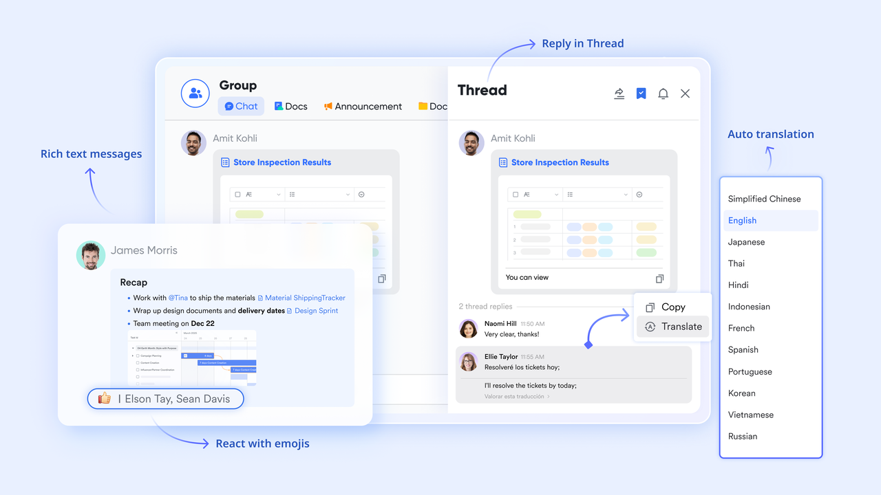 Group chat UI with rich text messages, thread replies, and emoji reactions.