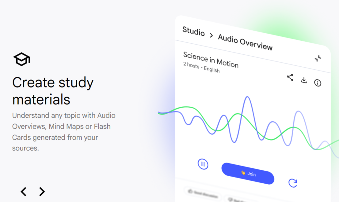 Hero illustration showing a left panel with a graduation-cap icon and the text 'Create study materials' with descriptive subtitle about audio overviews; right panel displays a mock Studio Audio Overview screen with waveforms and a blue Join button, conveying study material creation features.