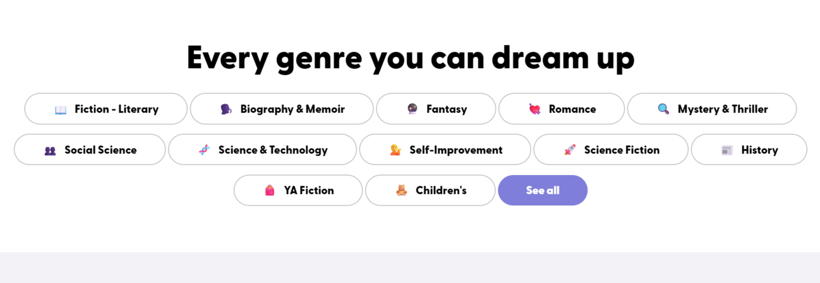 Header reads 'Every genre you can dream up' above a row of rounded genre pills: Fiction, Biography & Memoir, Fantasy, Romance, Mystery & Thriller, Social Science, Science & Technology, Self-Improvement, Science Fiction, History, YA Fiction, Children's, and a purple 'See all' button.