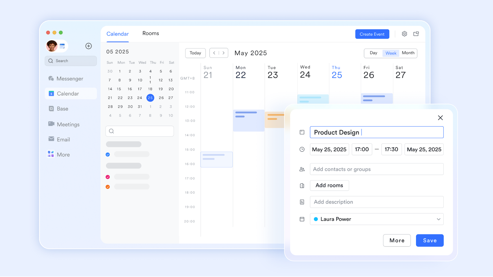 Calendar app UI showing a monthly grid with a left sidebar, plus a floating Create Event dialog titled Product Design on a pale blue interface.