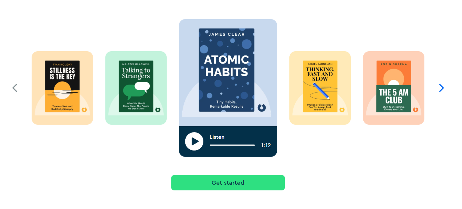 Book carousel of five book covers with Atomic Habits featured in the center and navigation arrows on both sides; Get started button below.