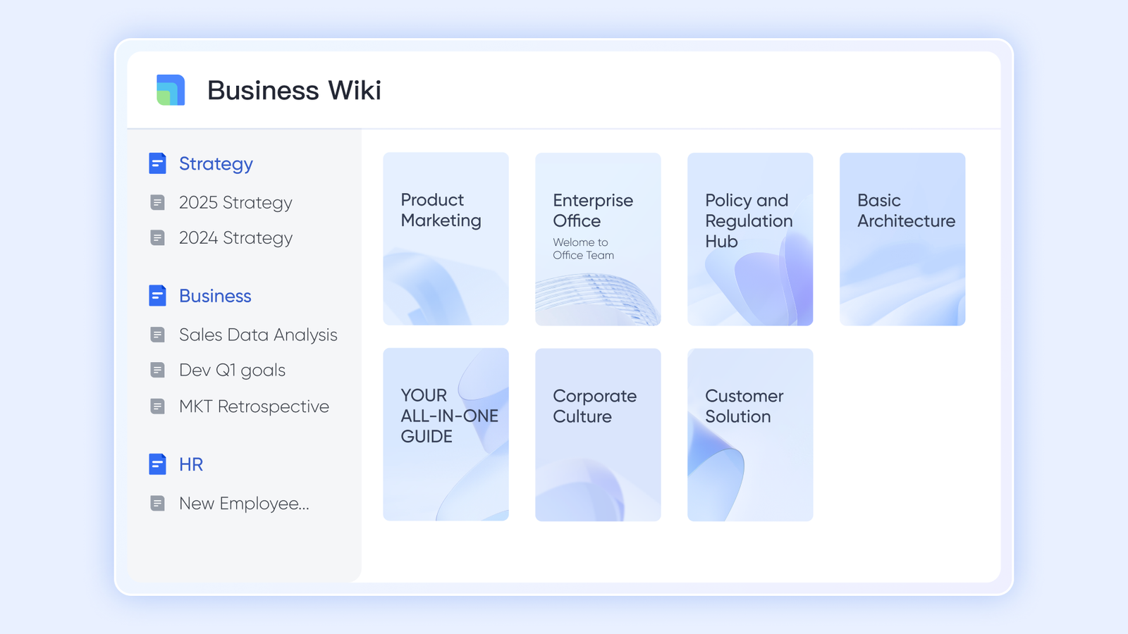 Business Wiki dashboard with a left navigation and five topic cards like Product Marketing and Basic Architecture