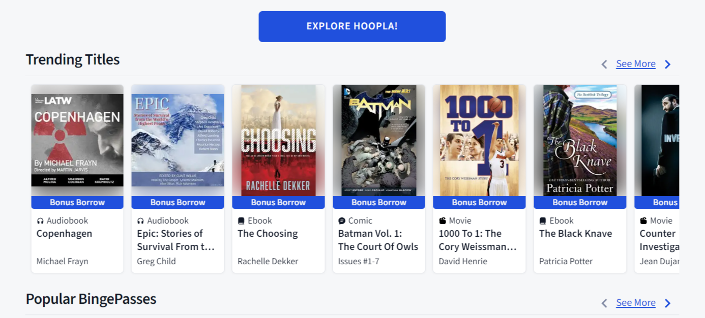 Carousel of Trending Titles: horizontal row of book cards with cover images, a blue status bar, and author/title text.