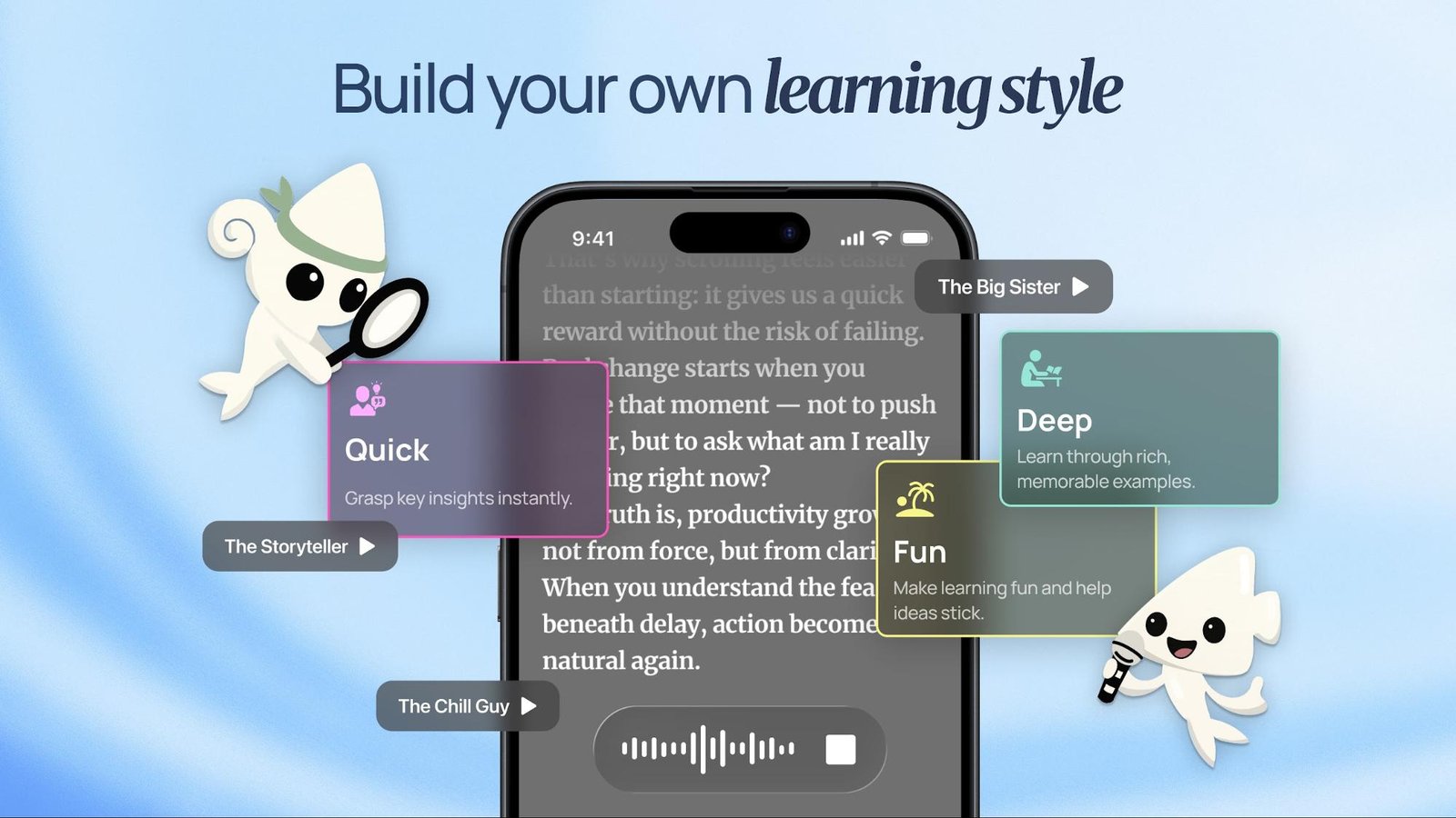 Smartphone with floating learning modules (Quick, Deep, Fun, The Storyteller) and cartoon mascots around it.