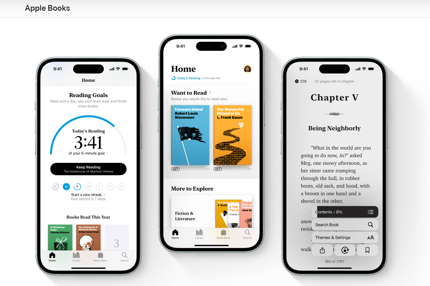Three iPhones showing Apple Books screens: Reading Goals, Home with 'Want to Read' and book covers, and Chapter V Being Neighborly.
