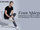 Portrait of Evan Spiegel seated on a clear chair, with the headline 'Evan Spiegel' and subtitle 'Snapchat’s Young Innovator Who Redefined Social Media'.