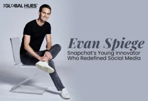 Portrait of Evan Spiegel seated on a clear chair, with the headline 'Evan Spiegel' and subtitle 'Snapchat’s Young Innovator Who Redefined Social Media'.
