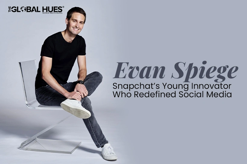 Portrait of Evan Spiegel seated on a clear chair, with the headline 'Evan Spiegel' and subtitle 'Snapchat’s Young Innovator Who Redefined Social Media'.