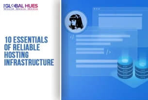 Article cover with title '10 Essentials of Reliable Hosting Infrastructure' and The Global Hues branding; right side features blue tech illustration of code windows and data storage disks.