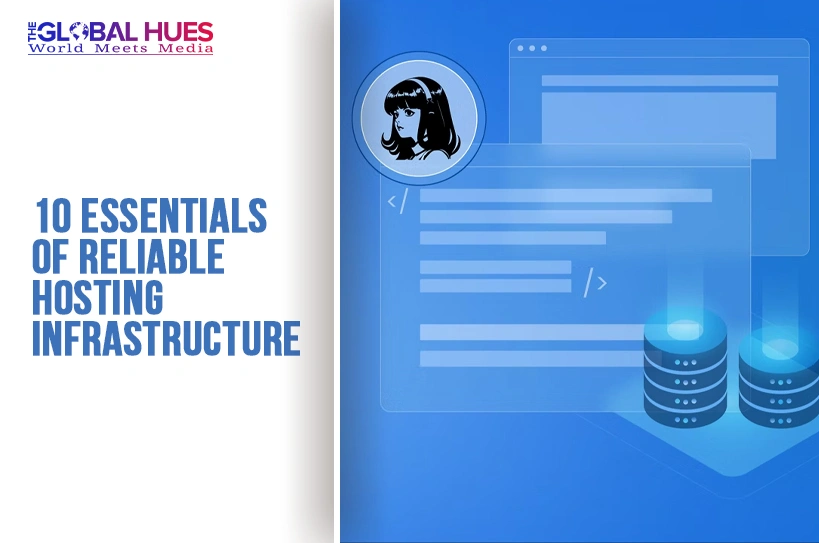 Article cover with title '10 Essentials of Reliable Hosting Infrastructure' and The Global Hues branding; right side features blue tech illustration of code windows and data storage disks.