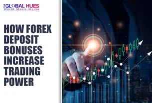 Promotional banner about forex deposit bonuses increasing trading power, with a rising chart and a finger tapping a glowing target.