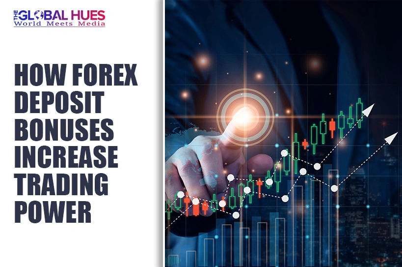 Promotional banner about forex deposit bonuses increasing trading power, with a rising chart and a finger tapping a glowing target.