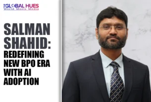Feature image: Salman Shahid portrait in a dark suit beside a bold article headline about redefining a new BPO era with AI adoption, with The Global Hues logo in the corner.
