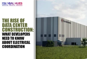 Article header about data center construction; right side shows a large industrial data center building in a grassy area