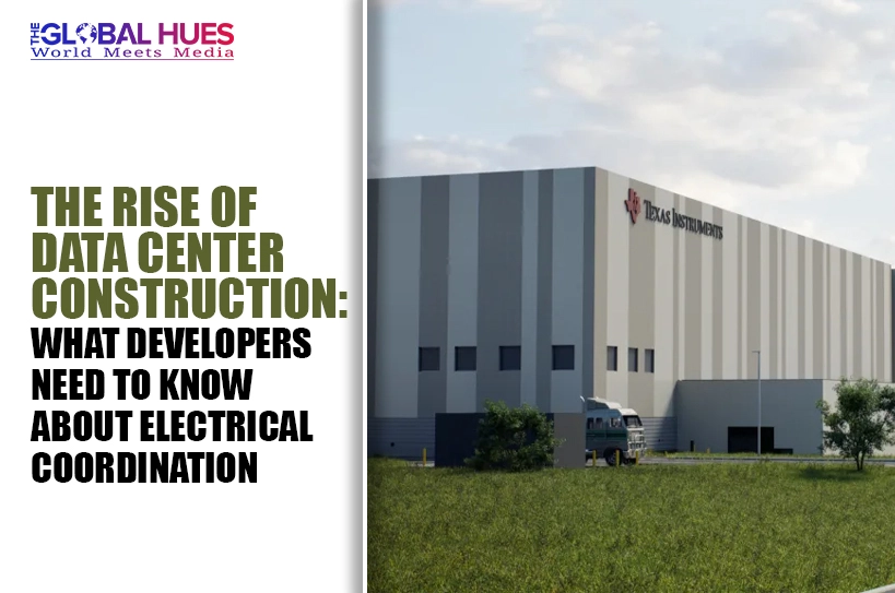 Article header about data center construction; right side shows a large industrial data center building in a grassy area
