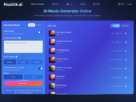 Musick.ai AI Music Generator interface: left panel to create music with a description and options; right panel lists songs with thumbnails.