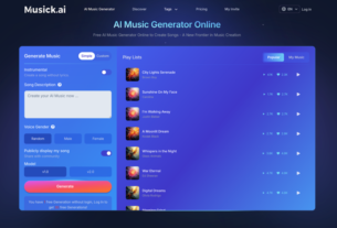 Musick.ai AI Music Generator interface: left panel to create music with a description and options; right panel lists songs with thumbnails.