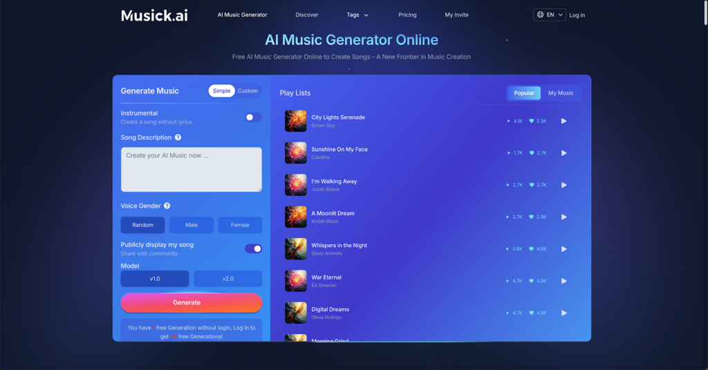 Musick.ai AI Music Generator interface: left panel to create music with a description and options; right panel lists songs with thumbnails.