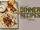 Two veggie-topped pizzas on a wooden board with a sauce cup, next to bold text about easy dinner recipes at home.