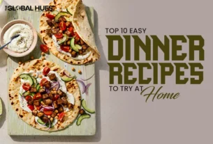 Two veggie-topped pizzas on a wooden board with a sauce cup, next to bold text about easy dinner recipes at home.