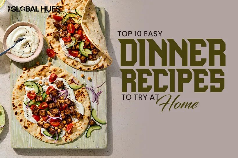 Two veggie-topped pizzas on a wooden board with a sauce cup, next to bold text about easy dinner recipes at home.