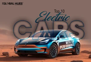 Blue Tesla car on a desert landscape with large overlay text reading 'Electric CARS' and smaller 'Top 10' and 'with top performance', plus a small Global Hues logo in the top-left corner.
