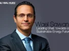 Portrait of a businessman in a dark suit and blue tie, with the headline 'Leading Shell Towards a Sustainable Energy Future' and The Global Hues logo area in the corner.