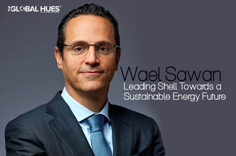 Portrait of a businessman in a dark suit and blue tie, with the headline 'Leading Shell Towards a Sustainable Energy Future' and The Global Hues logo area in the corner.